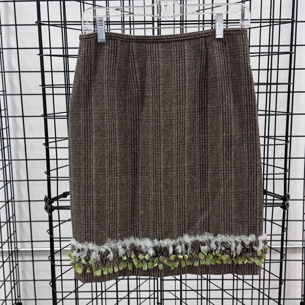 Women's Etcetera Wool Blend Brown Tweed Skirt Fringed Hem Size 2